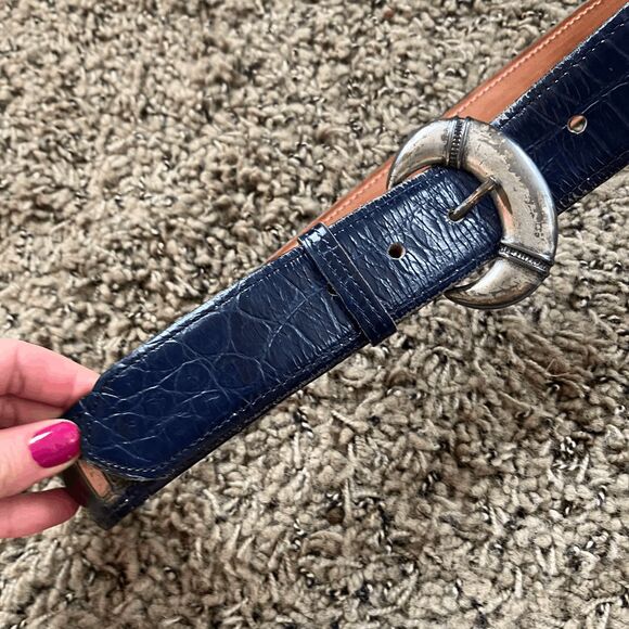 Zelé Atlanta Navy Embossed Leather Belt Silver Buckle Cowhide Lining 28 Small - Picture 7 of 10